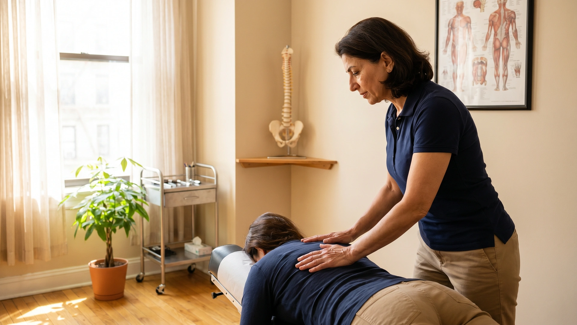 NY chiropractor in navy polo performing spinal adjustment with anatomical model and chart — chiropractor malpractice