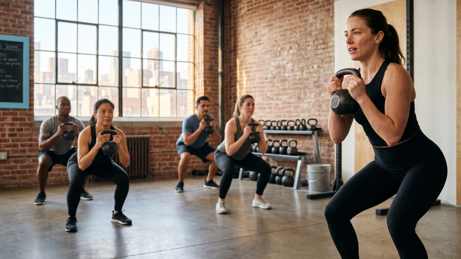 NYC boutique fitness instructor leading kettlebell class with Manhattan rooftops through industrial windows — gym insurance NYC