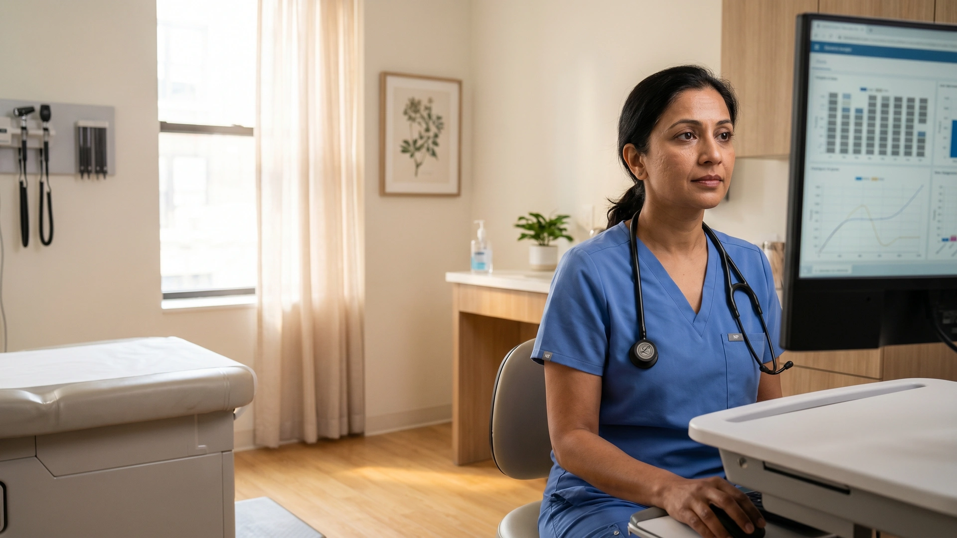 NY nurse practitioner in medical-blue scrubs reviewing chart at EHR workstation in primary-care exam room — NP malpractice