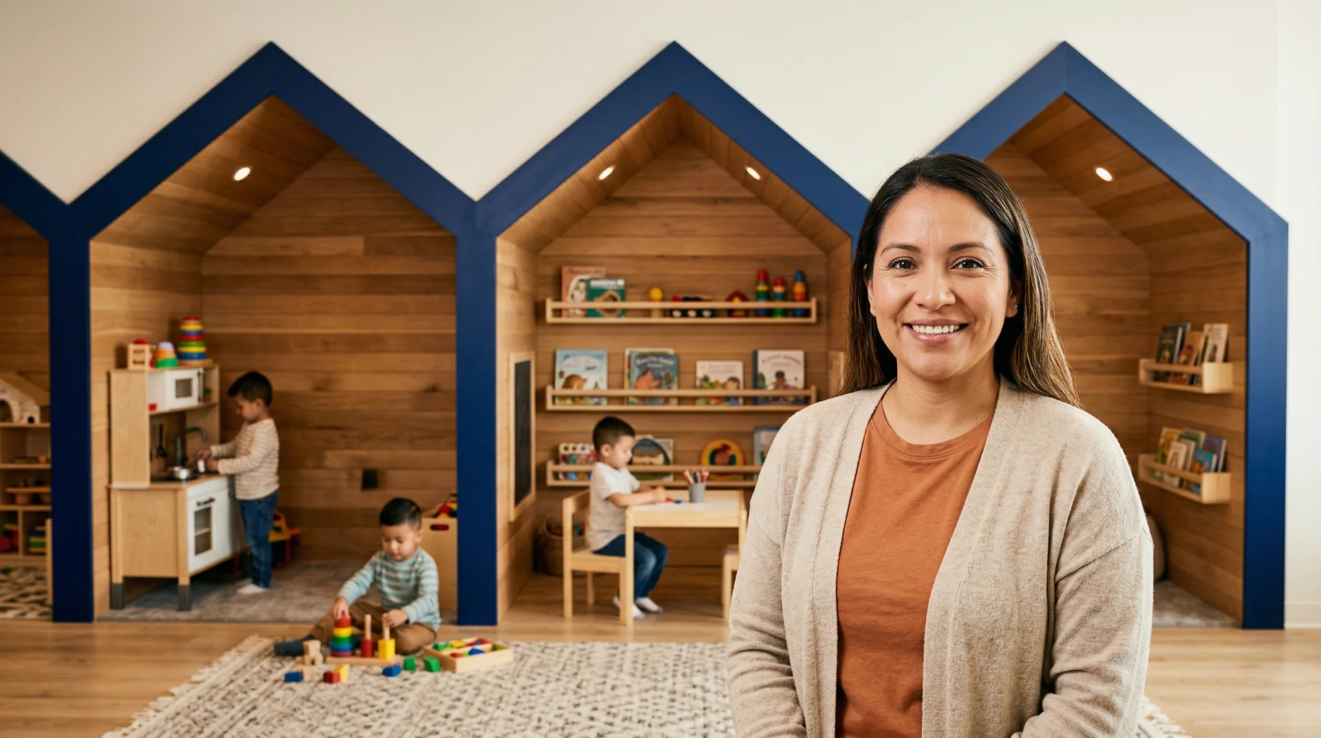 Daycare owner in modern childcare center with children playing